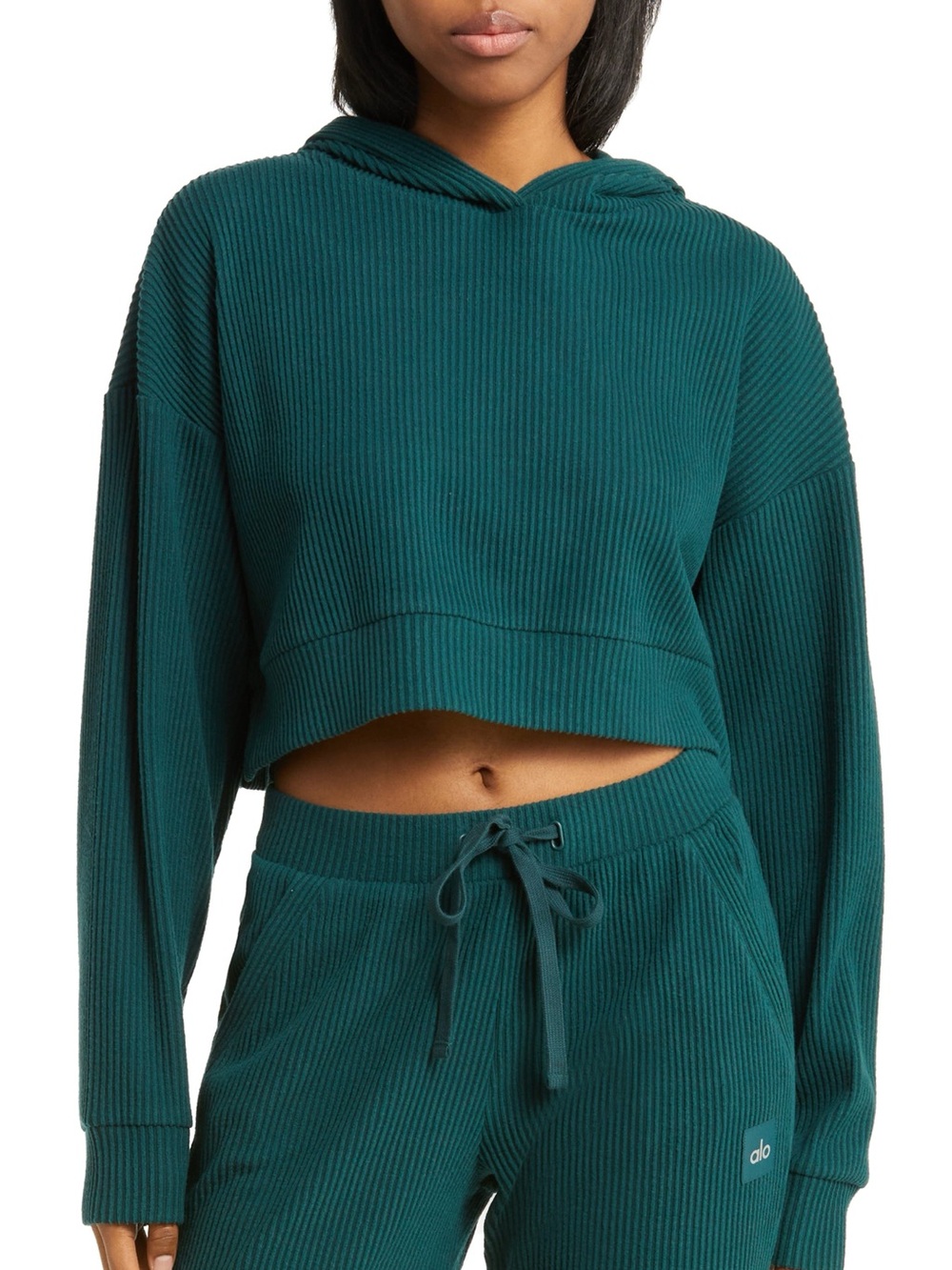 ALO Yoga Muse Ribbed Crop Hoodie Midnight Green Athleisure Loungewear Size Small